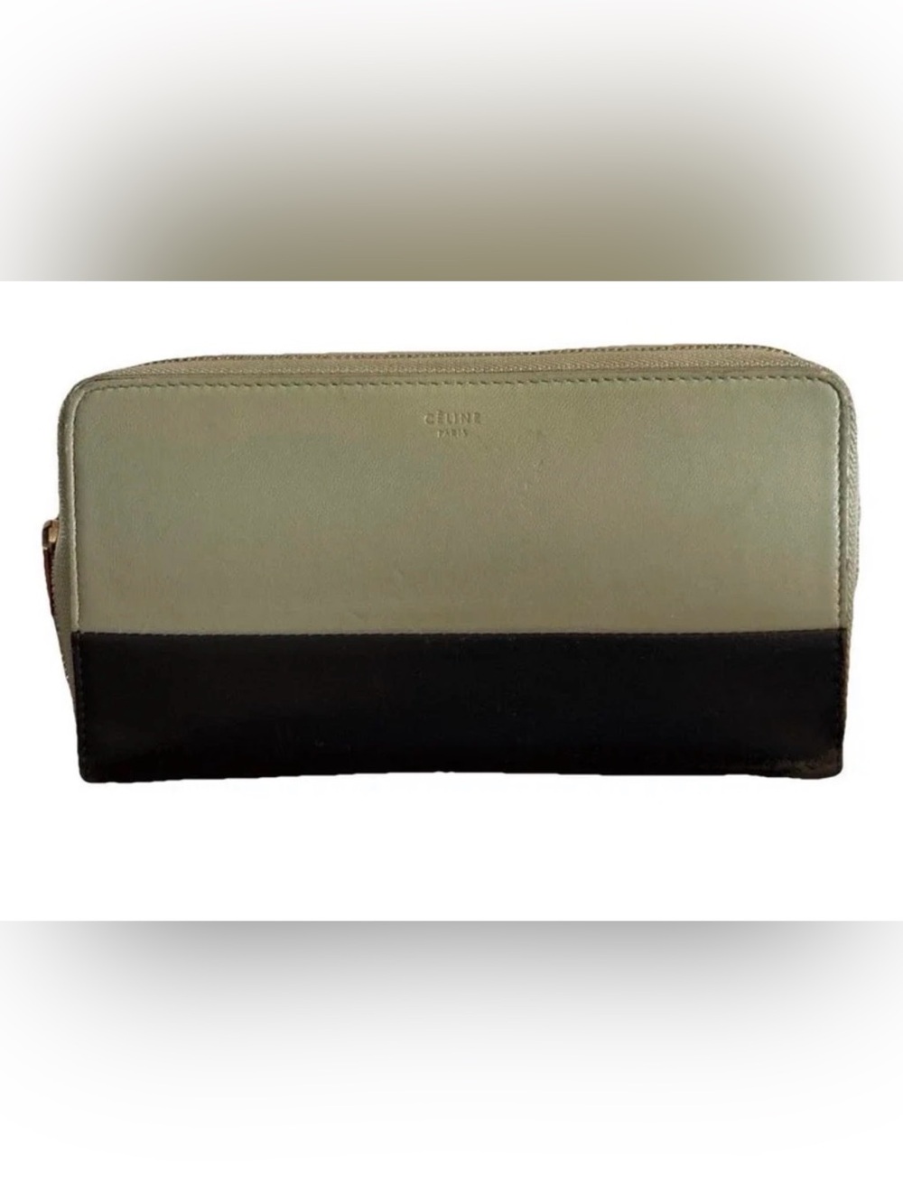 Celine 2-tone sage and black leather zip around wallet with box